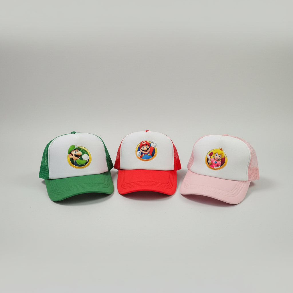 Super Mario Bros. Character Trucker Hat 3-Piece Set Mario Luigi Peach – front view