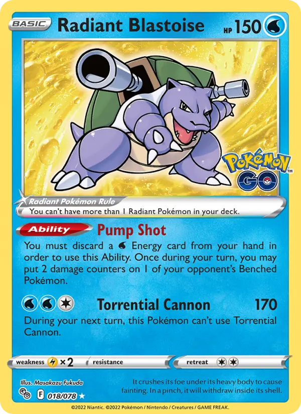 Radiant Blastoise 018/78 Pokémon GO Trading Card Lightly Played – front view