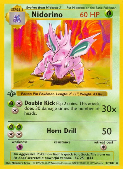 Nidorino 37/102 Base Set Uncommon Pokémon TCG Single Lightly Played – front view