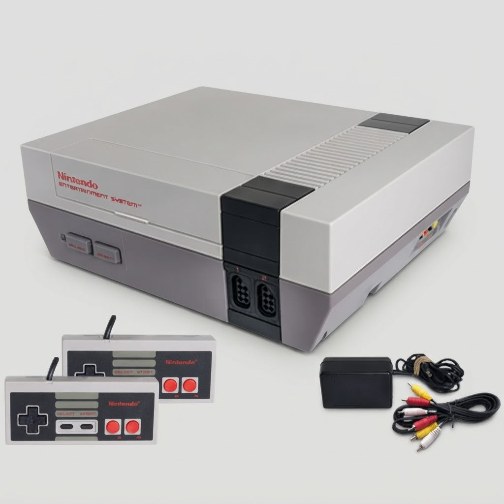 Nintendo Entertainment System Console with Two Controllers and Cables – front view