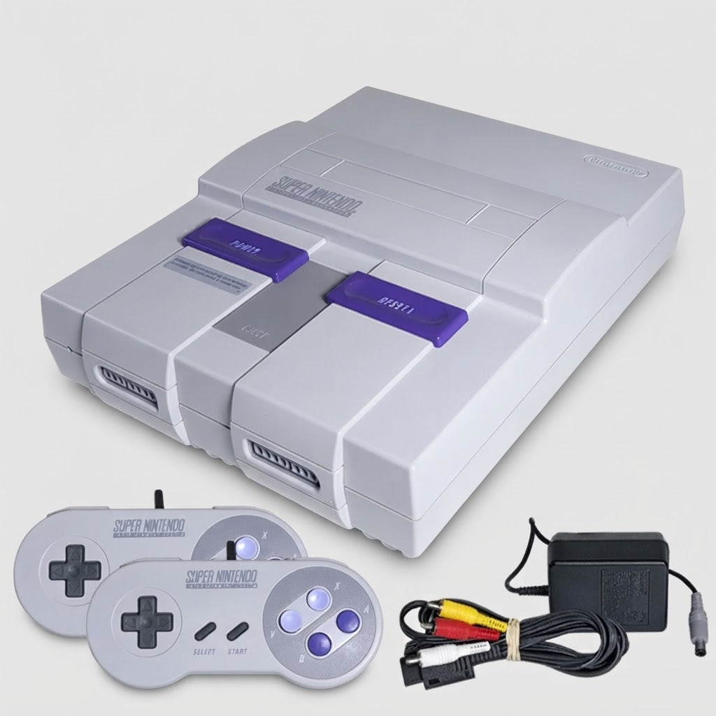 Super Nintendo SNES Console with 2 Controllers and Cables – front view